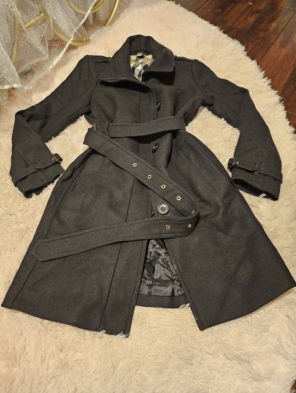 Burberry Women’s  Black Long Trench Coat Belted Button Check Pattern - Picture 12 of 12